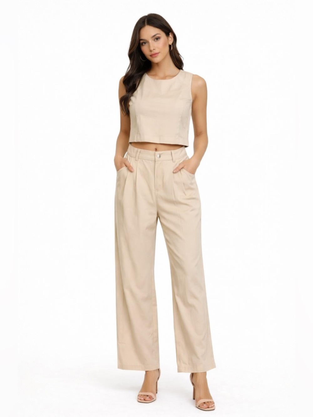 NWOT Chic Me Beige Two-Piece Crop Top & Wide-Leg Pants Set Size XL